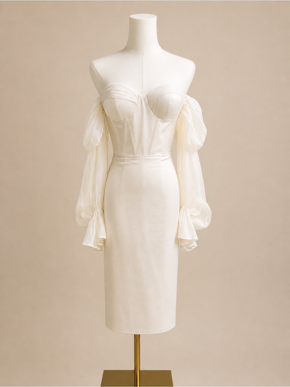 Ivory Off-Shoulder Midi Dress with Sheer Puff Long Sleeves